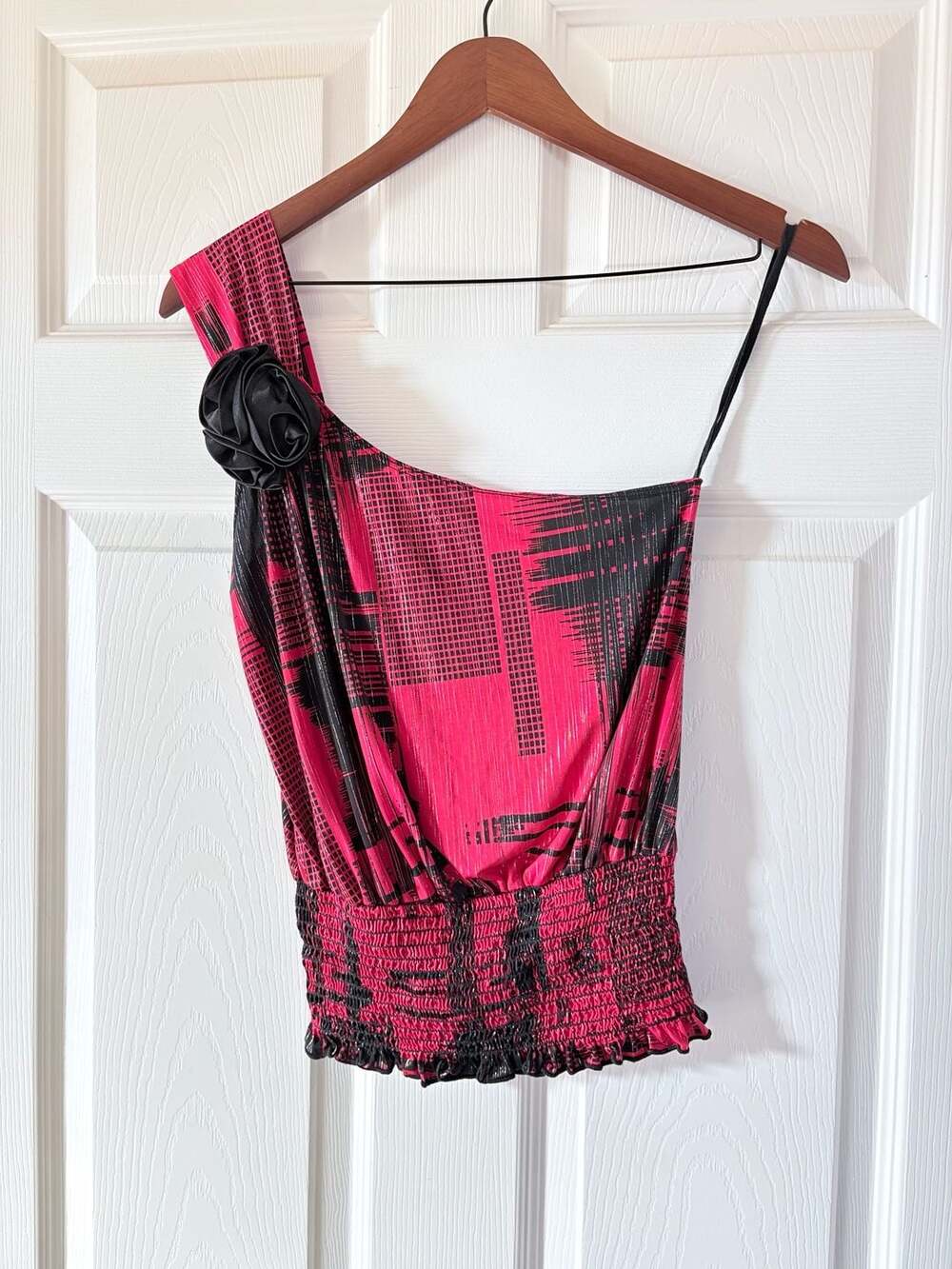 Vintage One Shoulder Blouse Pink Black Floral Accent